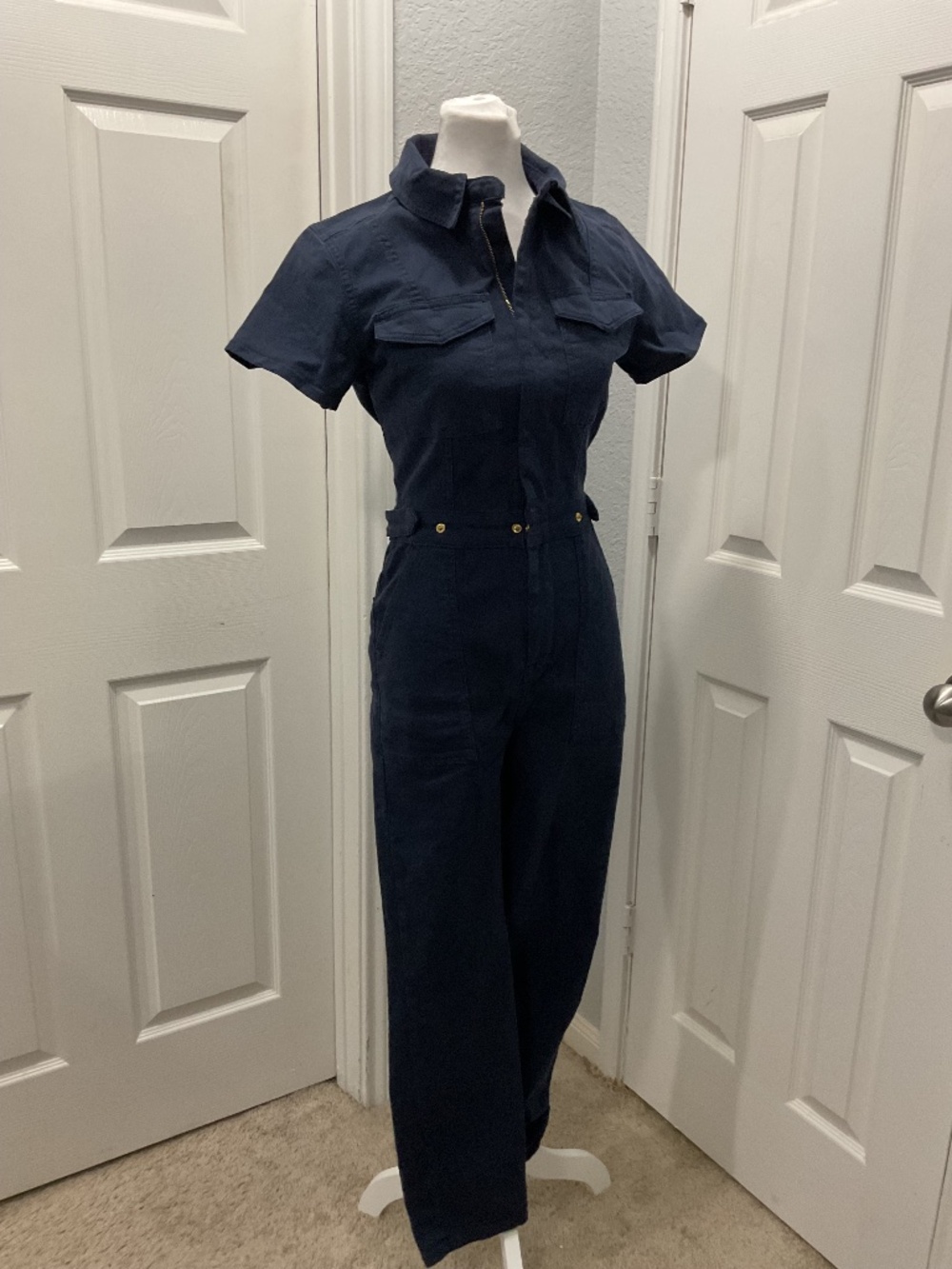 Good American Dark Wash Denim Jumpsuit | Zip Front Utility Style